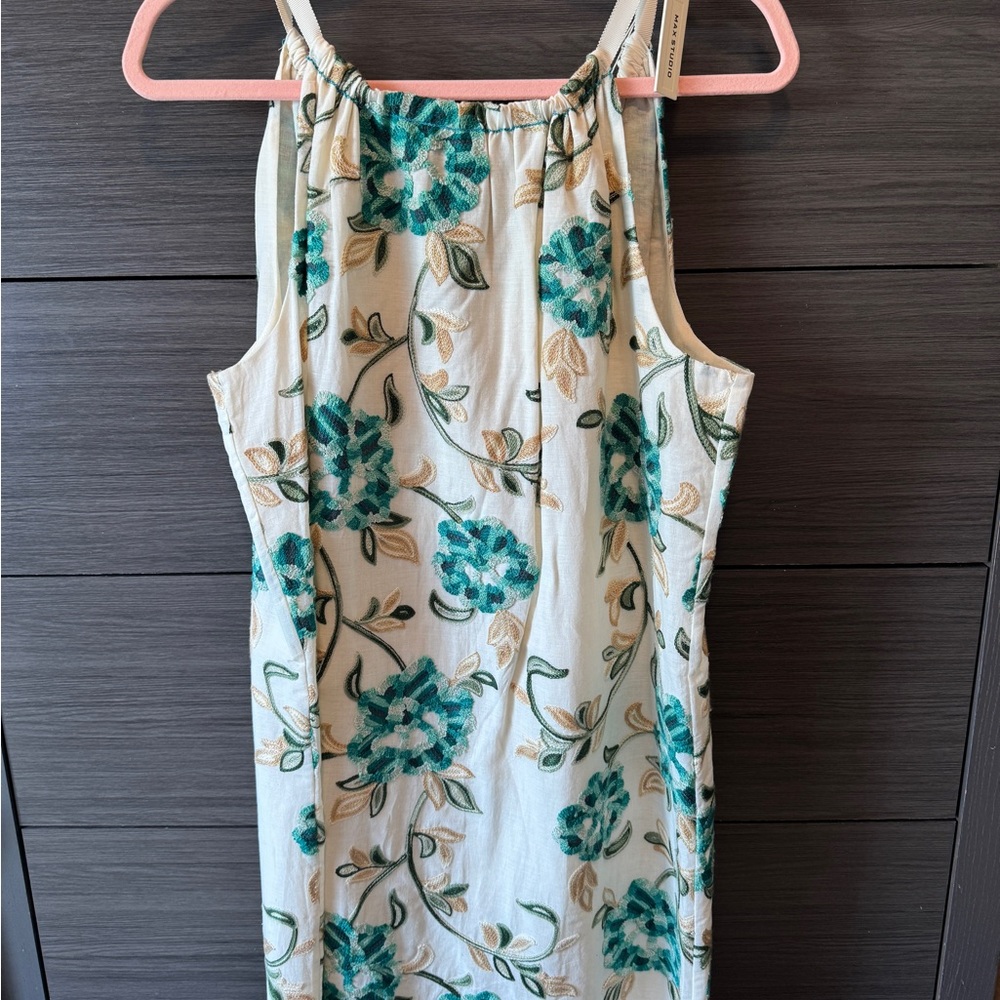 Max Studio Cream Dress with Teal Floral Embroidery